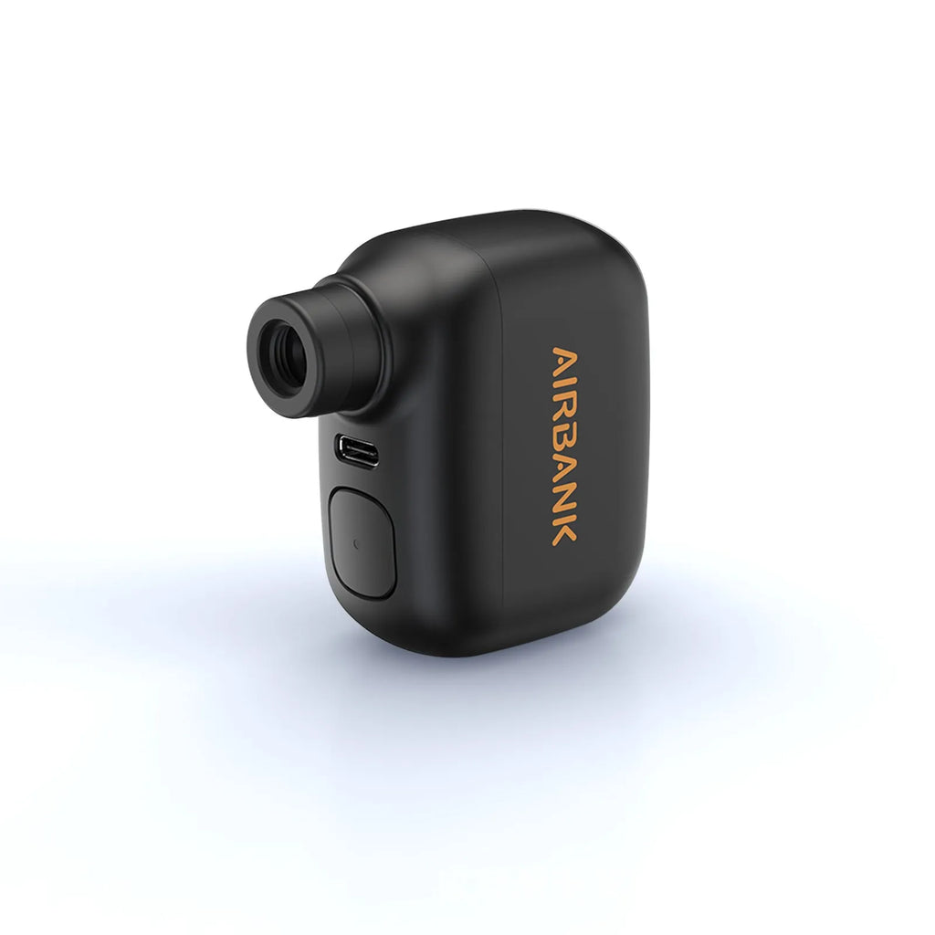 Black AS100 mini electric bicycle pump with USB cable and waterproof storage bag