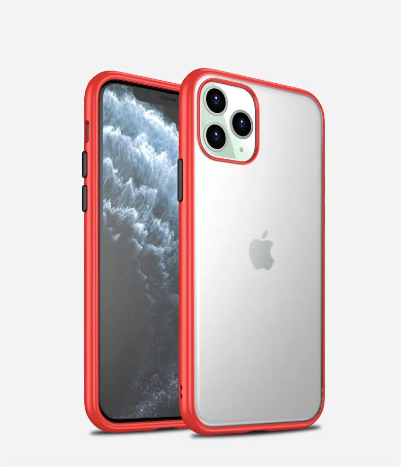 Frosted solid colour protective case for iPhone 11 series, showing black, green, purple, and red options.