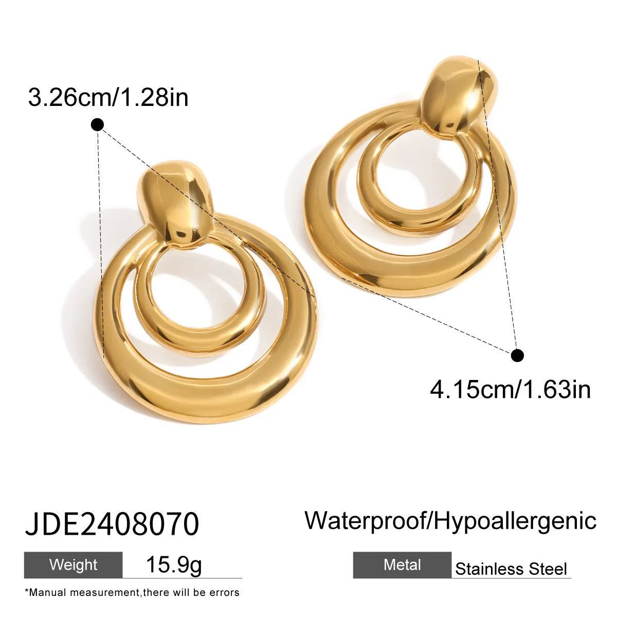 Gold-plated geometric stud earrings with hollow double-layer round design on titanium steel backing.