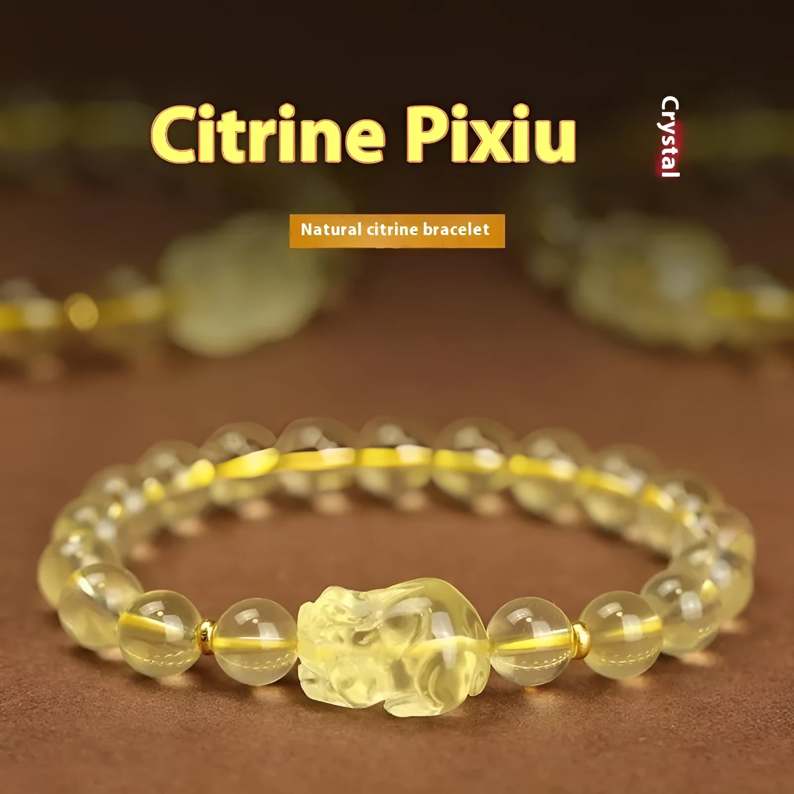 Yellow leather bracelet with a citrine crystal Pi Xiu charm in Chinese national style.