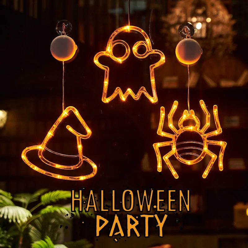 Halloween window hanging LED lights with ghost, spider, and pumpkin designs