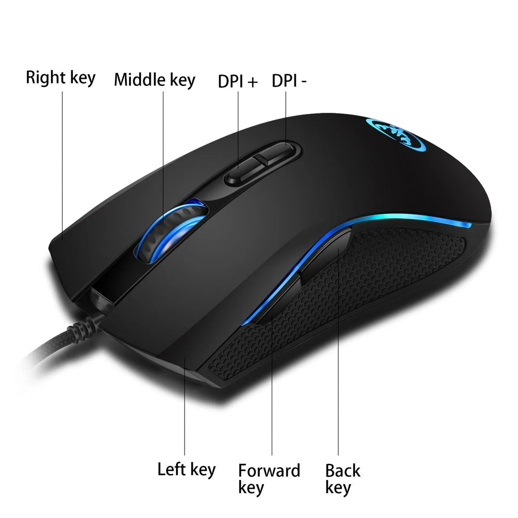 White and black wired gaming keyboard and mouse combo set with colour backlight on a desk