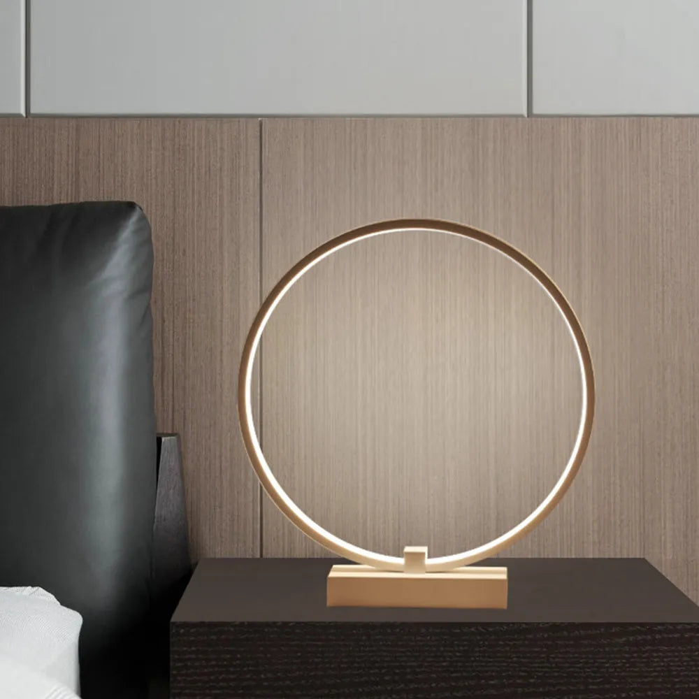 White circular LED bedside lamp, 25cm diameter, iron base and acrylic frame, for bedroom or living room