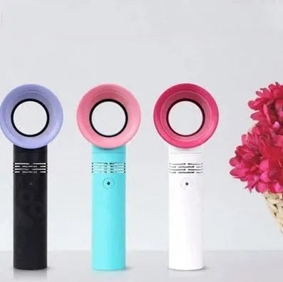 A portable bladeless desk fan with USB charging cable, shown in one of the available colours such as blue, black, or white.