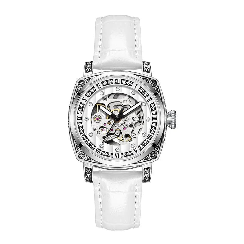 Mechanical wrist watch with luminous hands and leather strap in multiple colour options