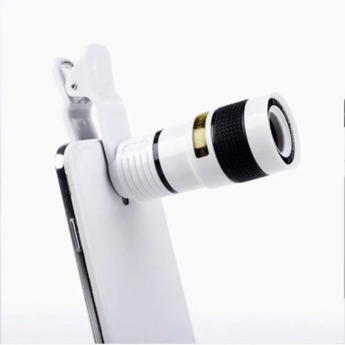 Black 12X phone telescope lens with mounting clip on a mobile phone