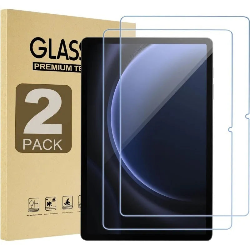 Tempered glass screen protector for Samsung tablet displayed next to a cattle leather pouch.