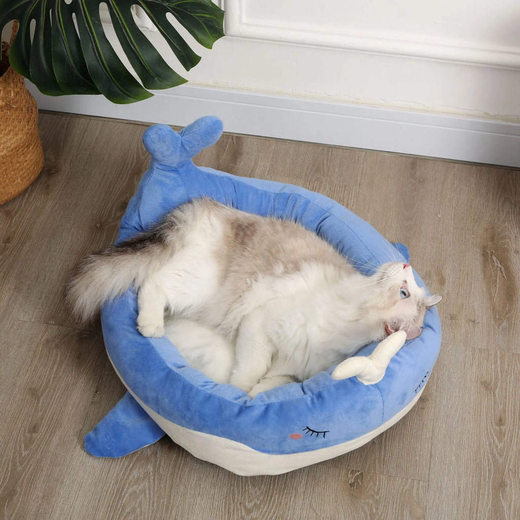 Blue duck-shaped soft polyester pet bed sofa for small dogs and cats on a wooden floor.