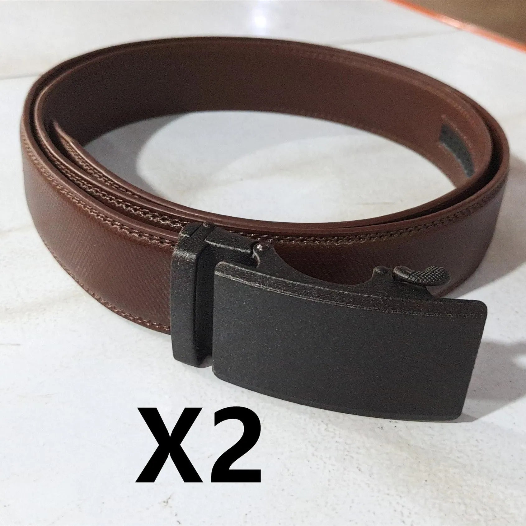 Automatic buckle two-layer cowhide belt for men, rectangular alloy buckle, black colour, standard width