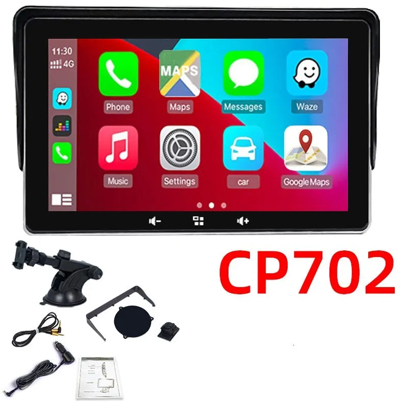 7 inch car wireless CarPlay display with suction cup mount and cigarette lighter power cable