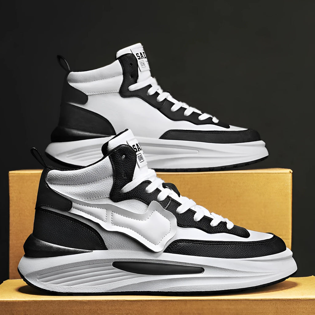 Men's black and white platform high-top board shoes with round toe and artificial PU uppers