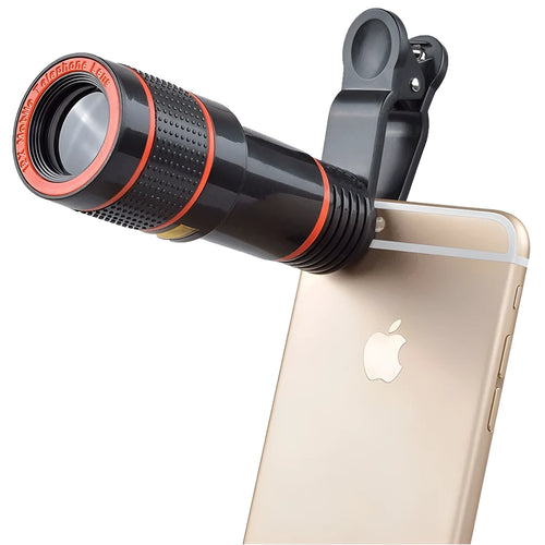 Black 12X phone telescope lens with mounting clip on a mobile phone