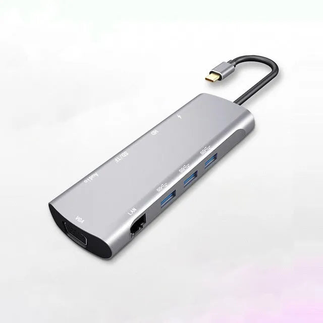 Grey USB-C docking station with HDMI, VGA, USB 3.0 ports and 140mm cable