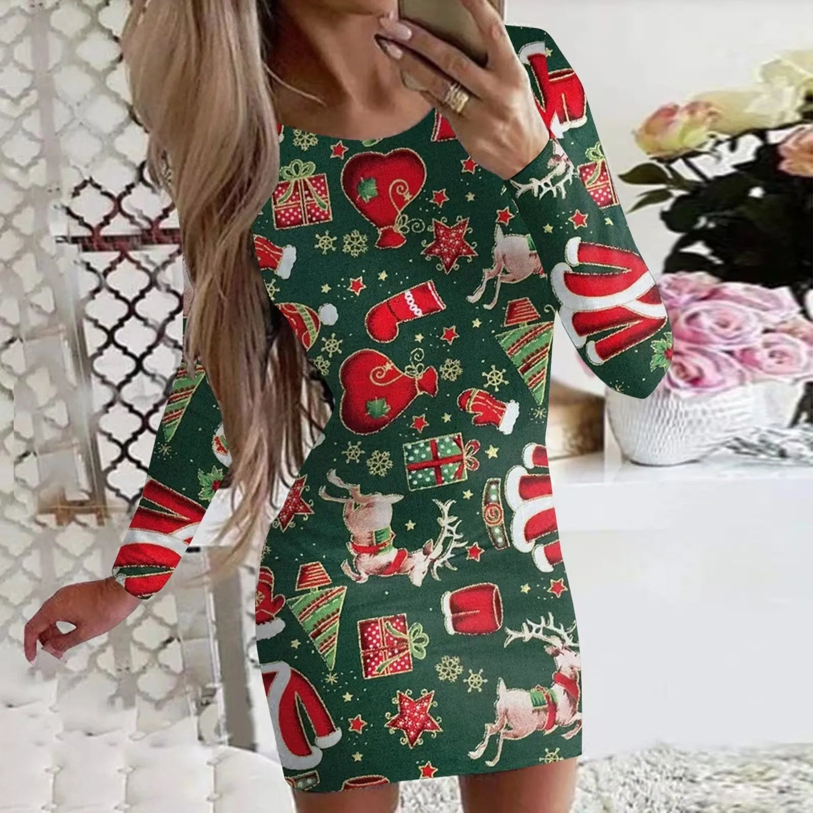 Christmas printed dress with animal pattern design showing narrow fit and hip skirt styling