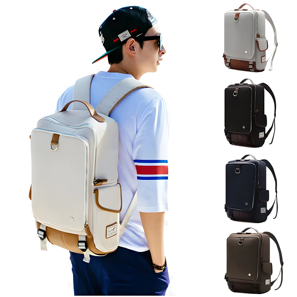 Modern Korean-style men's backpack in Oxford cloth showing large capacity and available colour options.