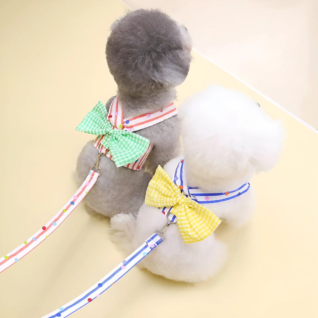 Cotton pet clothing with vertical bar bow on chest and back, shown in green, orange and blue stripes, sizes S to XXL