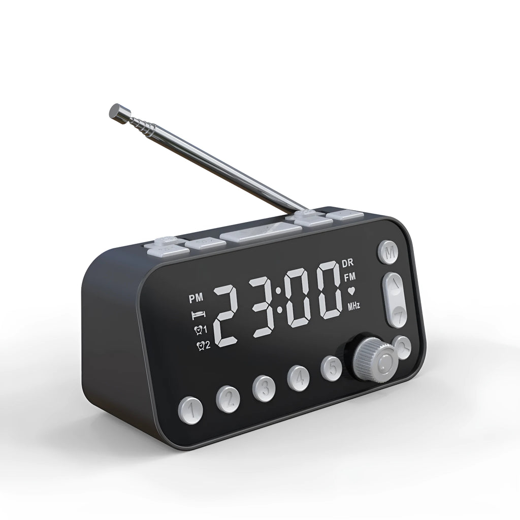 Black DAB bedside alarm clock with large LED display, upgrade pig tail antenna, and side USB ports.