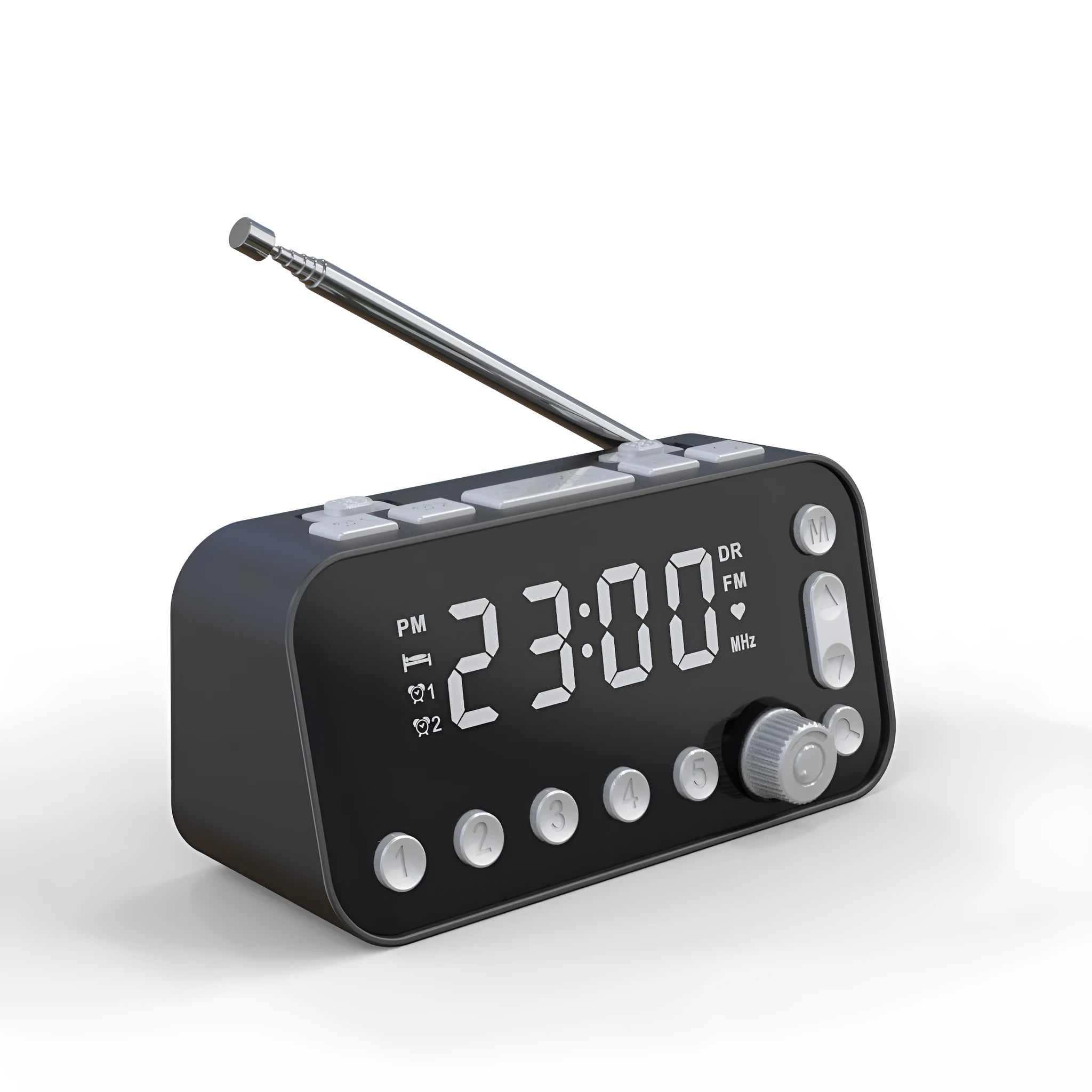 Black DAB bedside alarm clock with large LED display, upgrade pig tail antenna, and side USB ports.