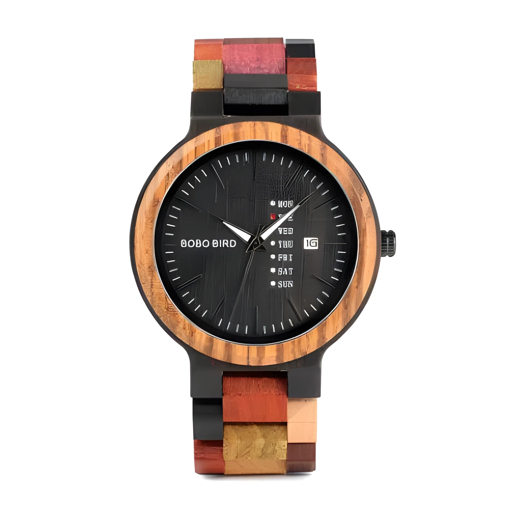 Men's casual wooden quartz watch with 45mm round dial, week calendar, wood strap, and stainless steel buckle