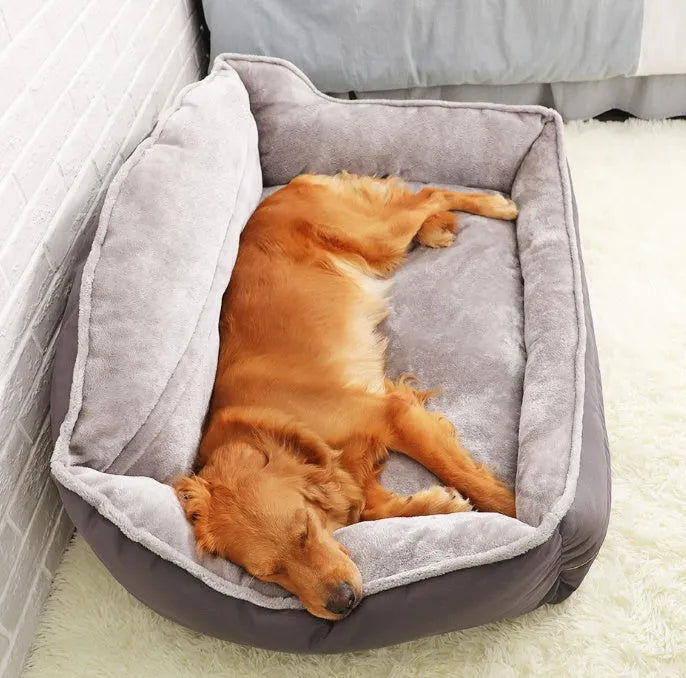 Grey dog sofa bed with raised edges and polyester cover, shown in XL size