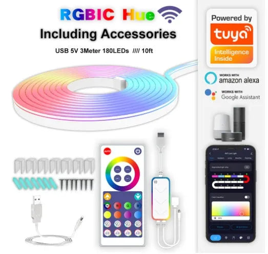 3-metre long flexible RGB LED neon light strip with remote control, showing colour-changing effects.