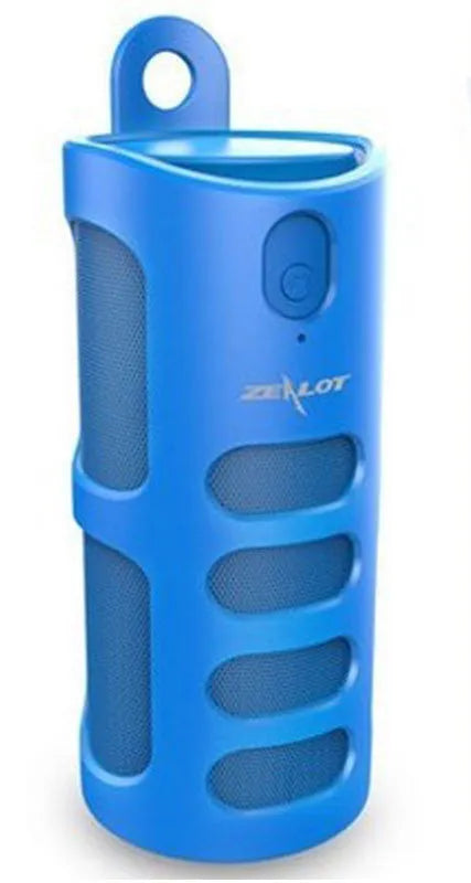Compact portable Bluetooth speaker in black, blue, or red with control buttons on top.