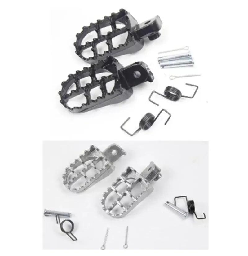 Pair of aluminium off-road motorcycle foot pedals with foot nail cover design available in black or silver