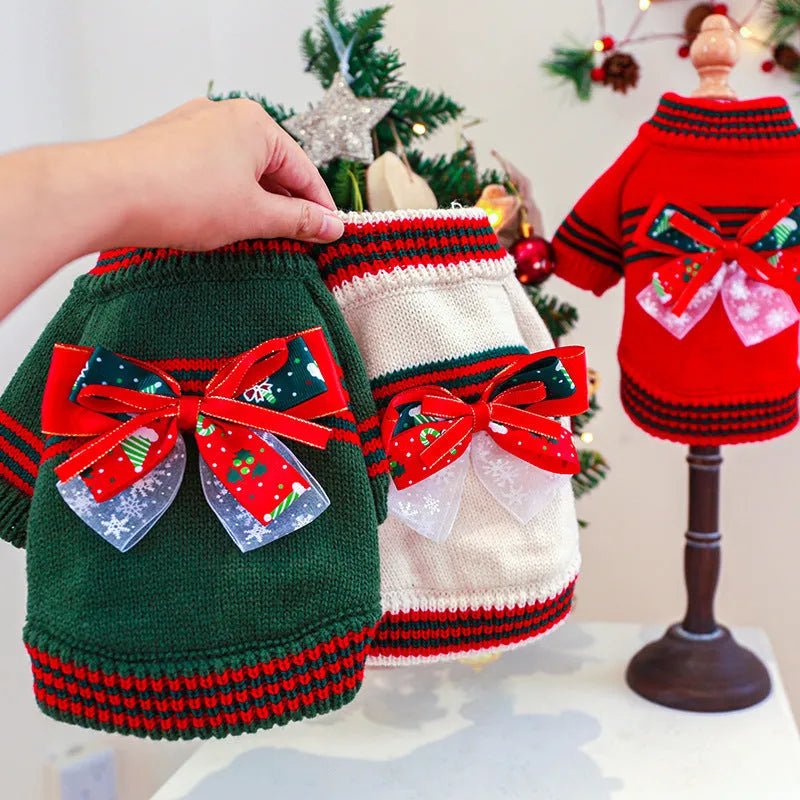 Red polyester knitted Christmas jumper for a dog, showing a simple pullover design.