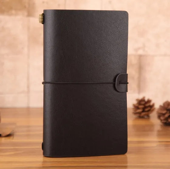 A6 vintage travellers notebook with PU cover, 200 x 120mm, shown in black, brown, light green, orange, and red options.