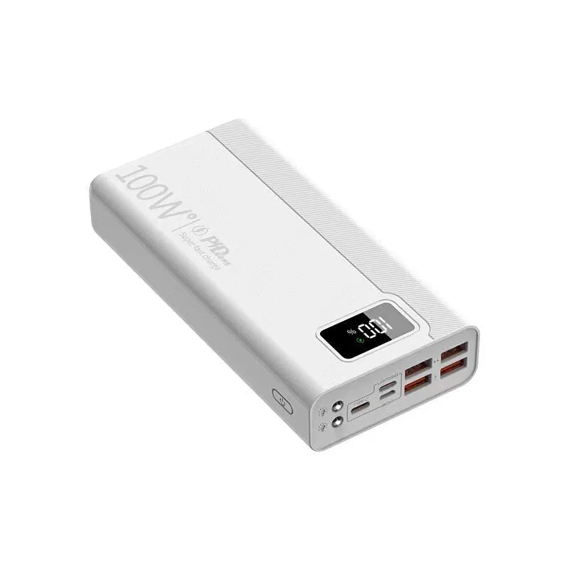 Large capacity power bank in black or white with plastic shell showing charging ports