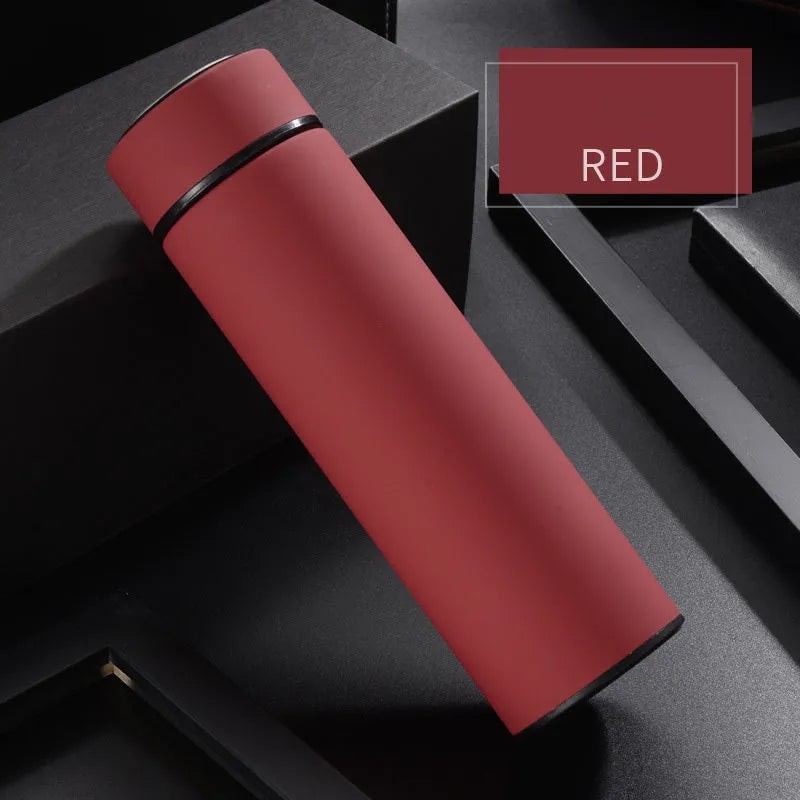 450ml straight cup stainless steel water bottle with vacuum insulation and arrow mouth in black, red, gold, and blue colours.