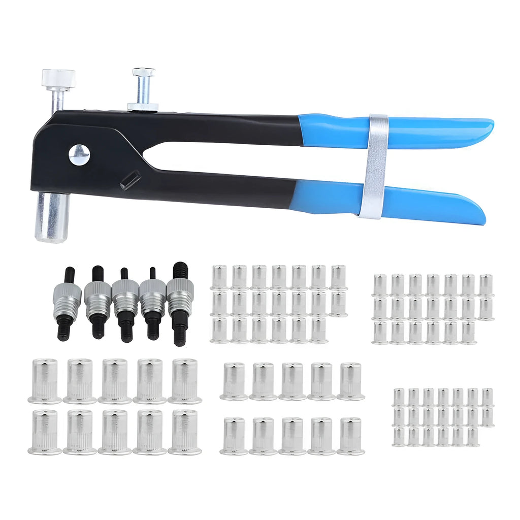 Alloy steel manual riveter nut gun set showing tool handle and selection of mandrels.