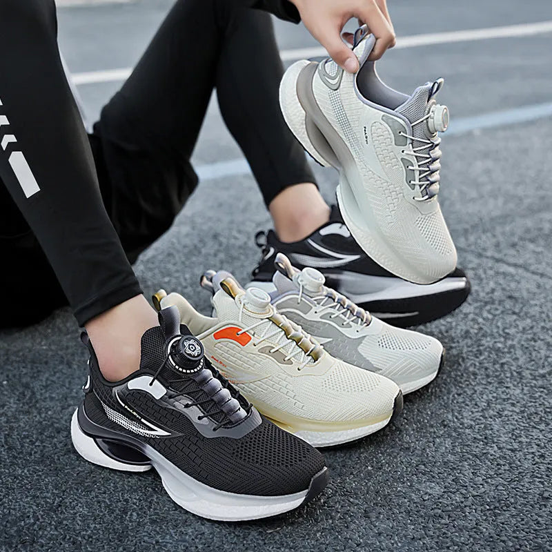 Men's white rotating button running shoes with mesh upper and buckle closure on a solid background.
