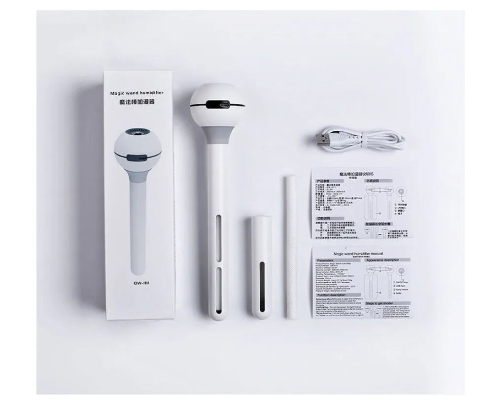 Columnar magic wand style personal humidifier with a 1 litre water tank and mechanical control knob.