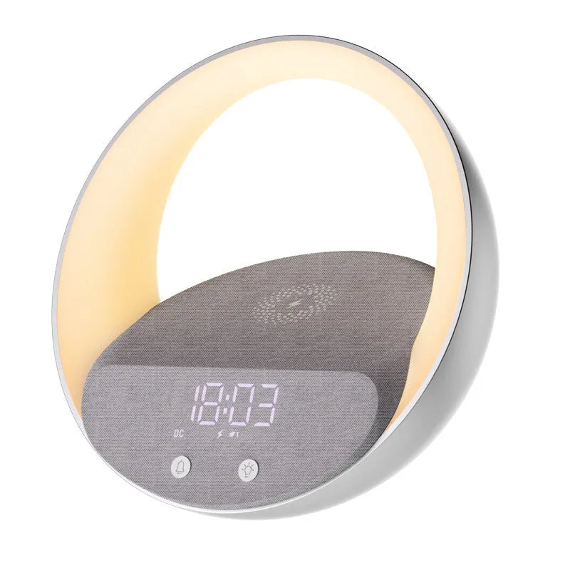Beige wireless charging pad with digital clock, Bluetooth speaker, and ring of RGB LED mood lights.