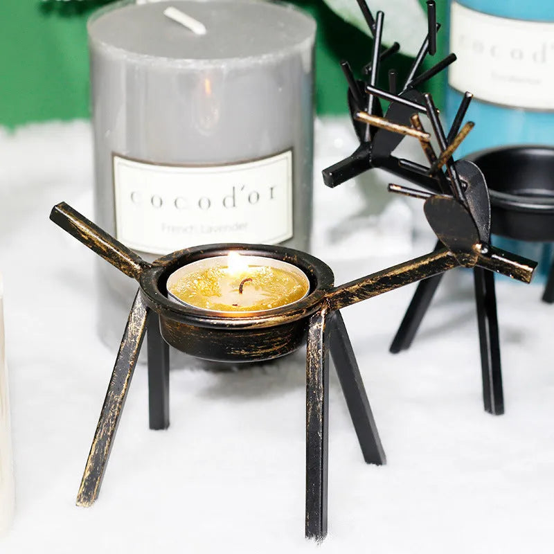 Black iron Christmas deer candlestick with creative elk bracket design for festive table decoration