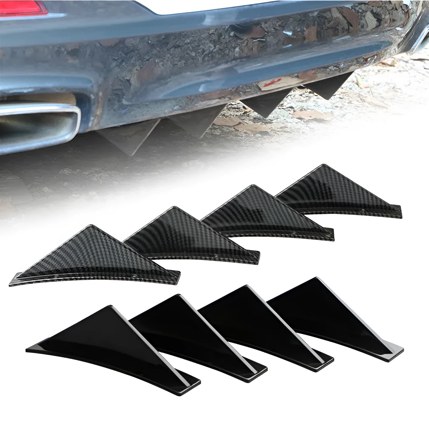 Four triangle rear spoilers in bright black and carbon fibre finishes