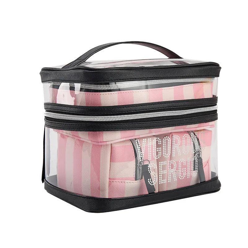 Pink bold stripes waterproof makeup bag with floral pattern synthetic leather folding cosmetic organiser