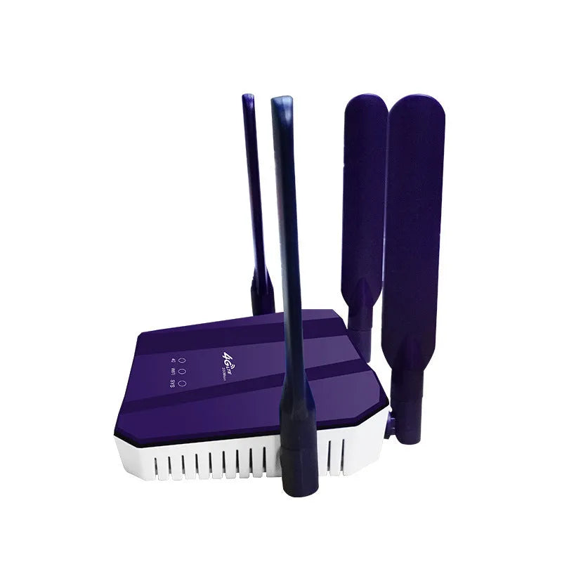 Blue 4G dual-mode wireless router with four extended antennas showing front panel with indicator lights