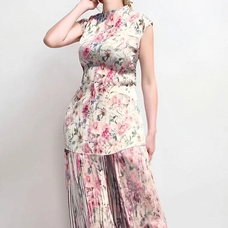 Printed chiffon dress with high waist and long sleeves in picture colour