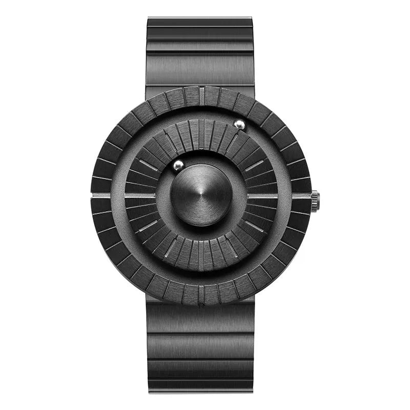 Men's black sports watch with 43mm round dial, stainless steel strap, and butterfly double snap-fastener.
