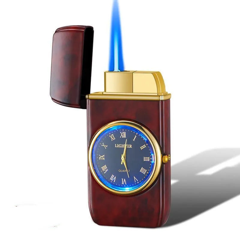 Windproof torch lighter with watch design, zinc alloy body, black brushed finish, 76x38x155mm
