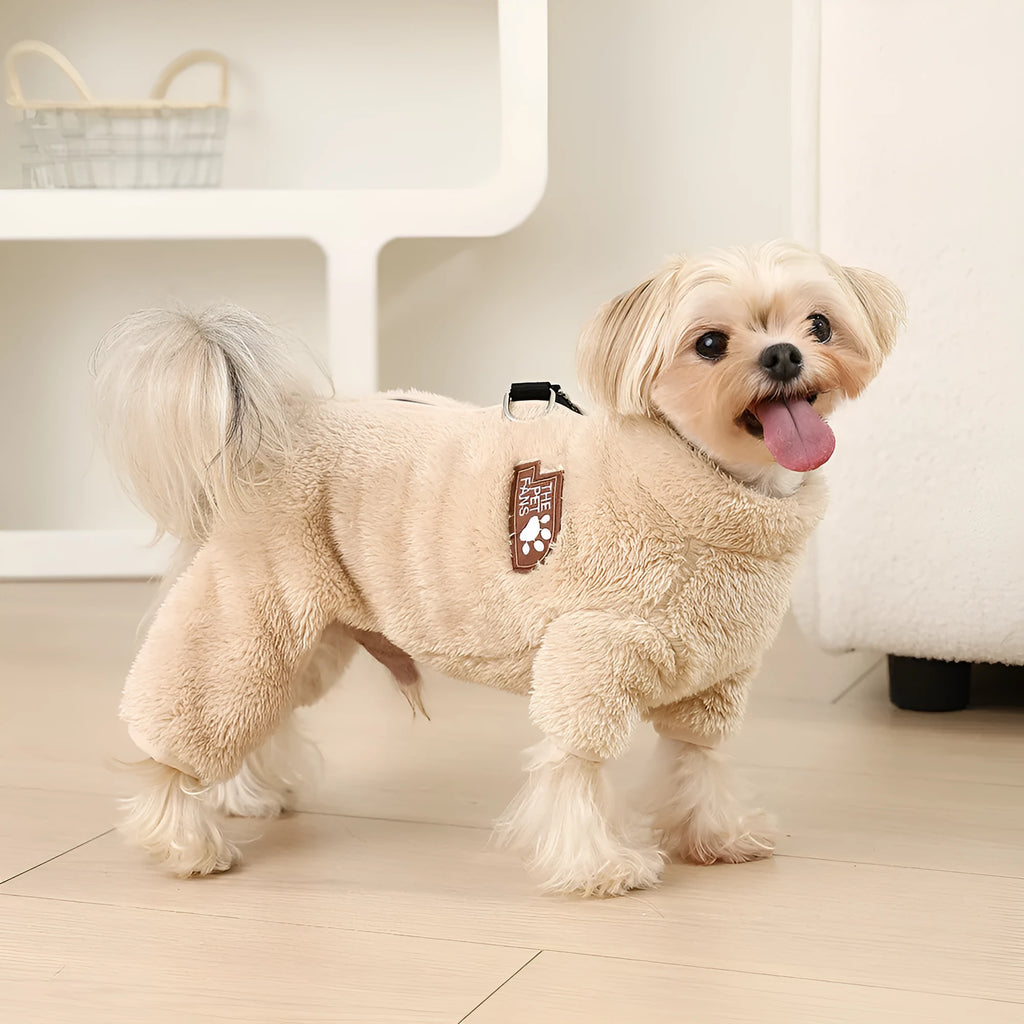 Double-sided plush polyester pet jumpsuit in apricot, a unisex garment for dogs and cats sized from XS to XL