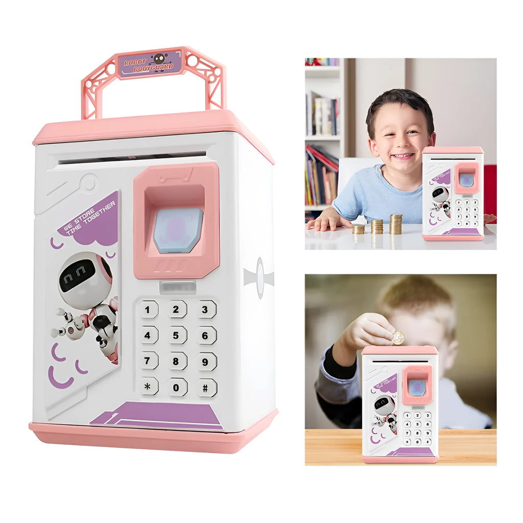Electronic piggy bank in blue with fingerprint sensor and number keypad, 13 cm wide