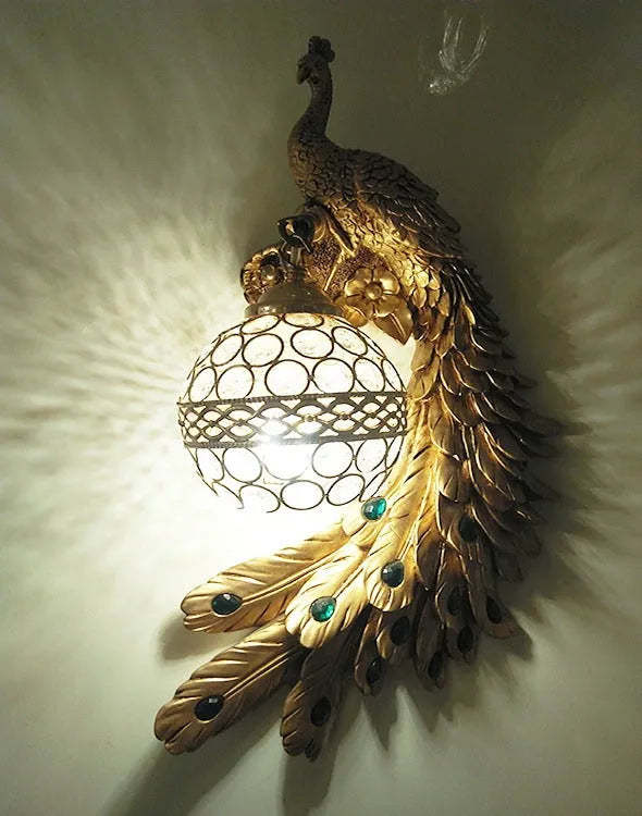 Creative resin peacock wall lamp in blue left colour with integrated LED for corridor and room decoration