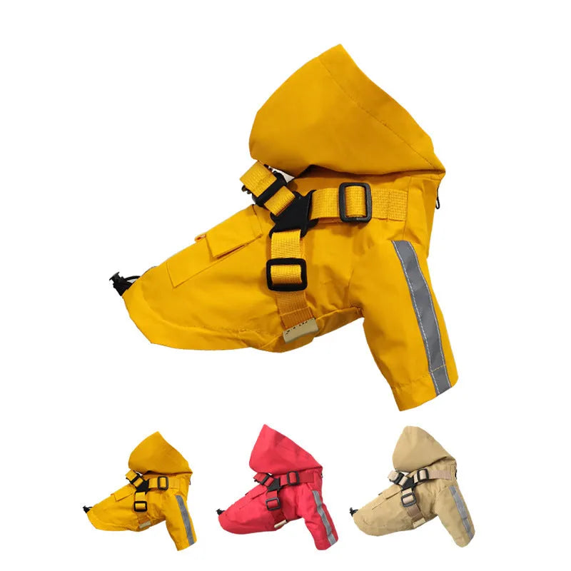 Pet waterproof raincoat in khaki with reflective details, polyester fabric, sized for dogs XS to 2XL