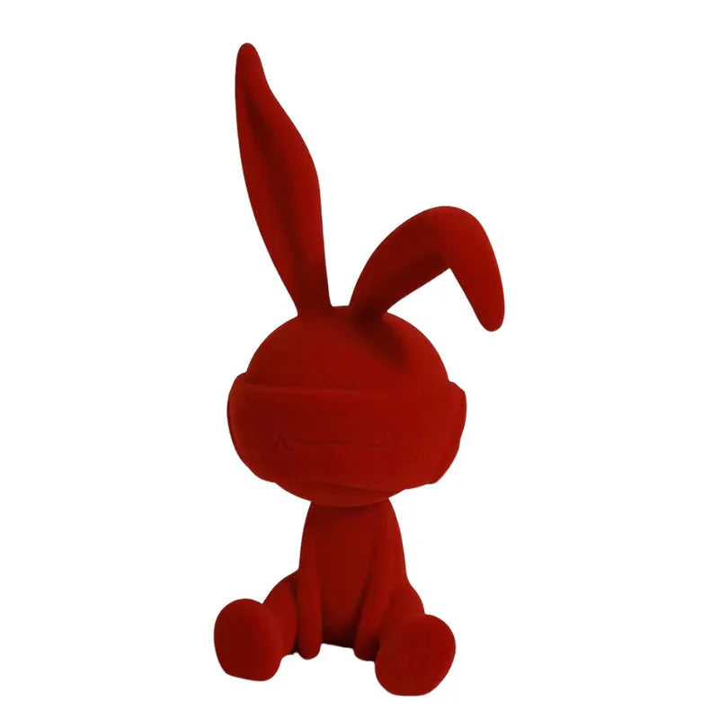 Suede blindfold rabbit resin table ornament in green, blue, or red colour options.