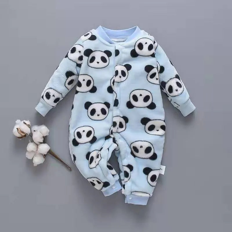 Baby wearing long sleeve flannel romper with animal print design