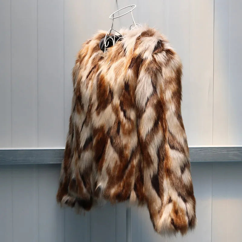 Korean slim-fit faux fur coat for women in picture colour, shown on model.