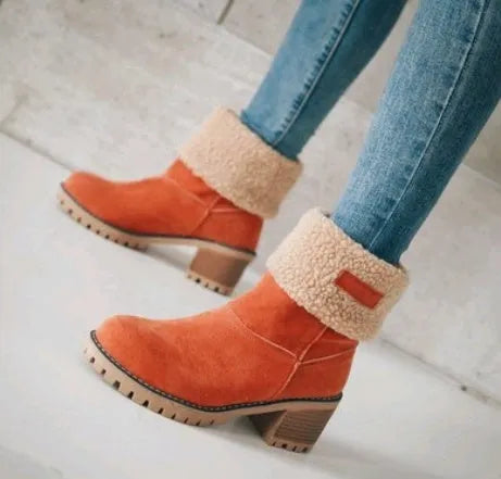 Women's thick-soled suede snow boots with mid-tube height and round toe
